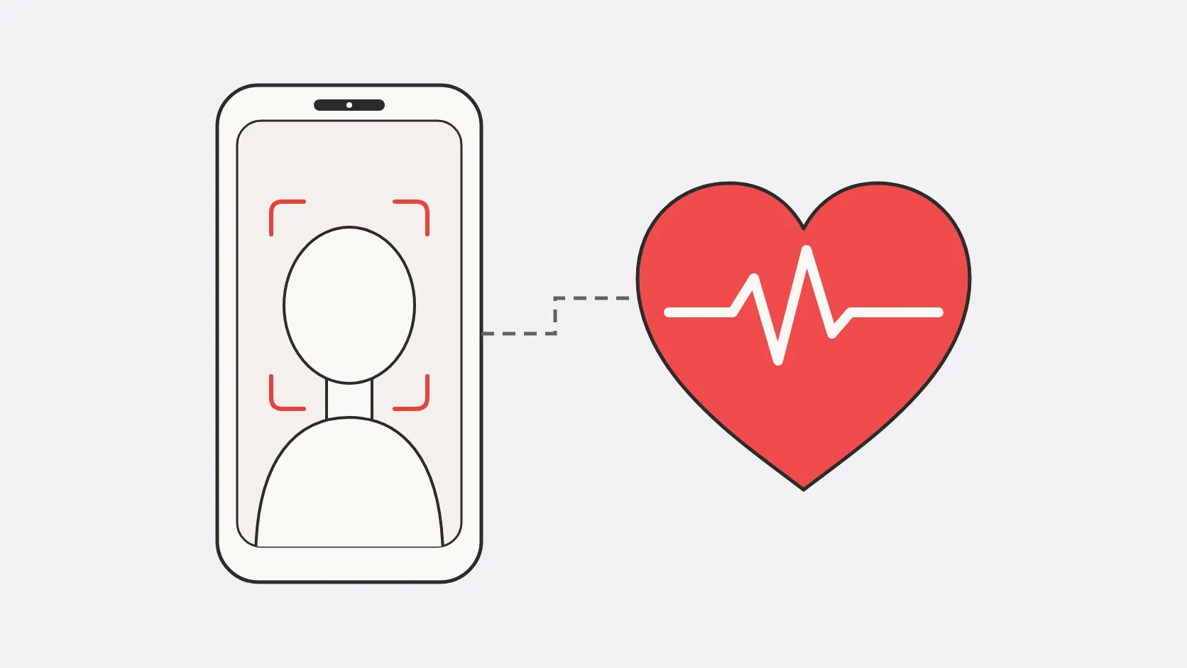 Phone scanning a face, connected by a dotted line to a red heart with a pulse line