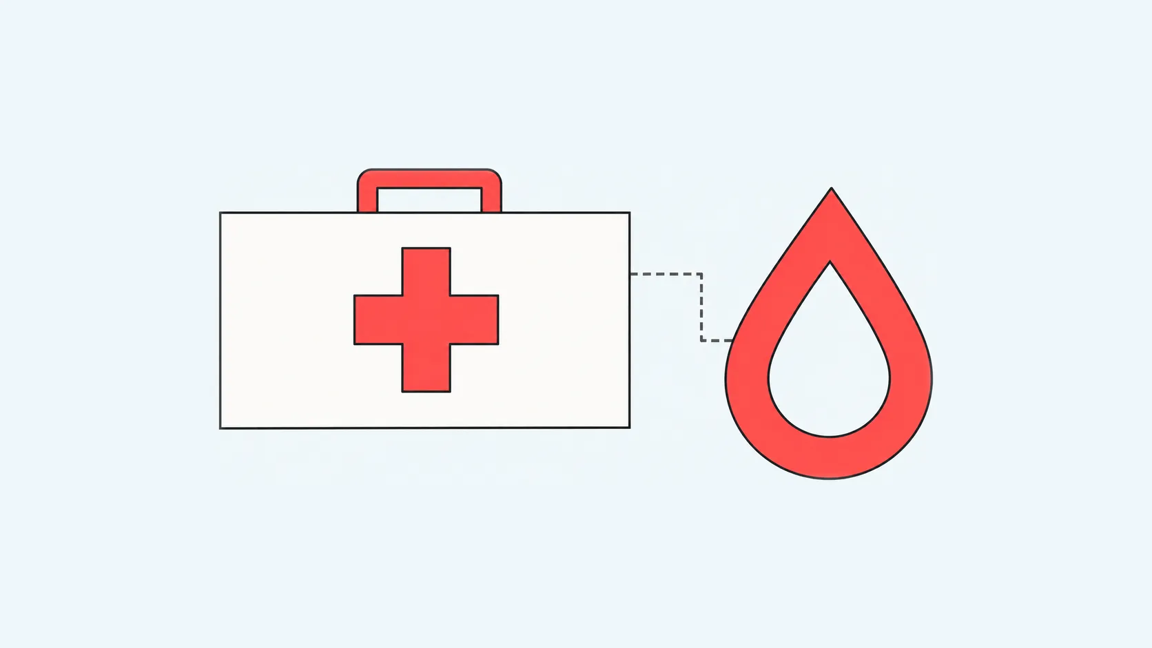 First aid kit connected by a dotted line to a red blood drop